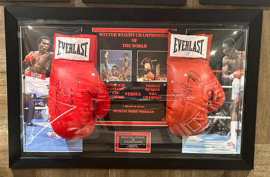 Sugar Ray Leonard & Thomas Hitman Hearns Signed Boxing Gloves Framed