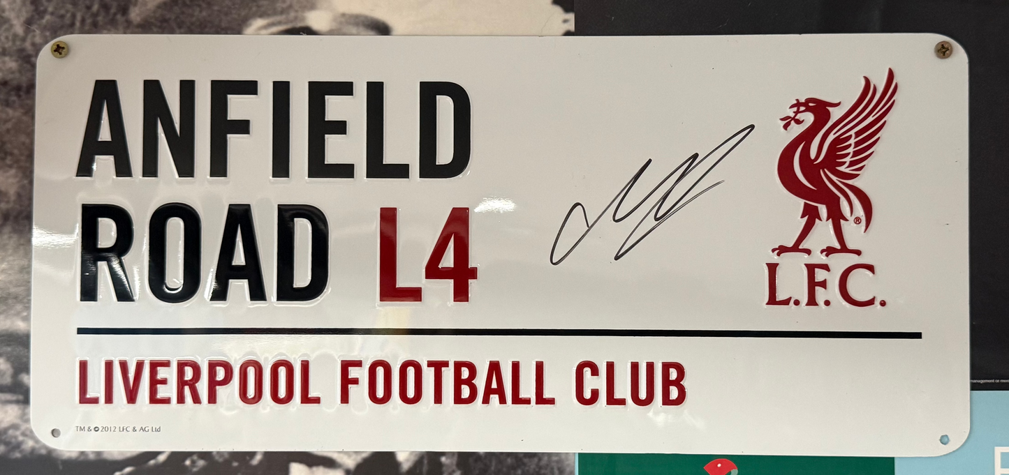 Dominik Szoboszlai signed Liverpool shirt & Milos Kerkez signed Anfield Road sign.