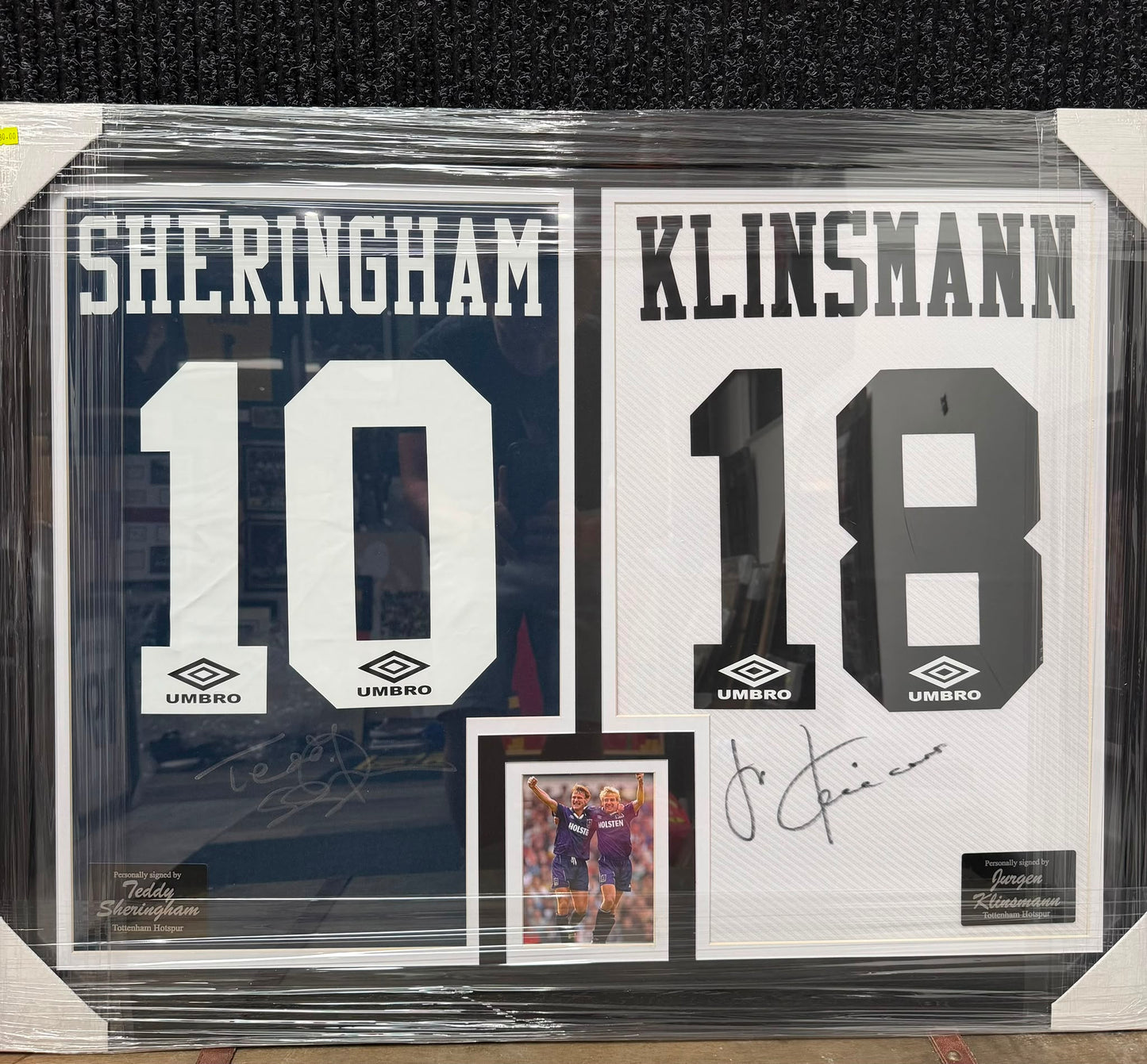 Teddy Sheringham and Jurgen Klinsmann Signed Tottenham Hotspur shirts dual framed