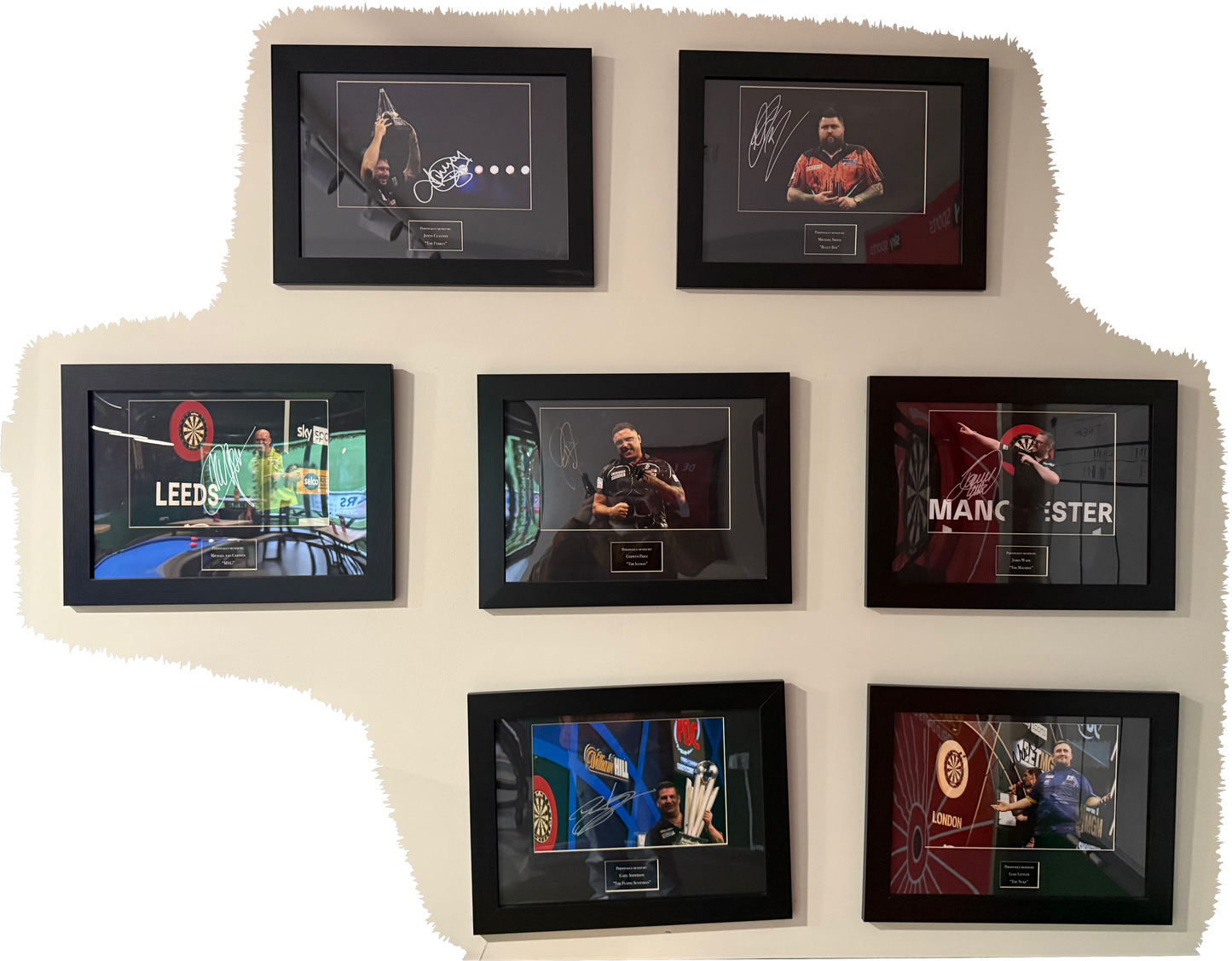 Set of 7 Signed Darts Photos Framed - Clayton, Smith, van Gerwen, Price, Wade, Anderson & Littler