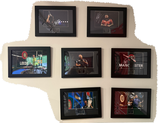 Set of 7 Signed Darts Photos Framed - Clayton, Smith, van Gerwen, Price, Wade, Anderson & Littler