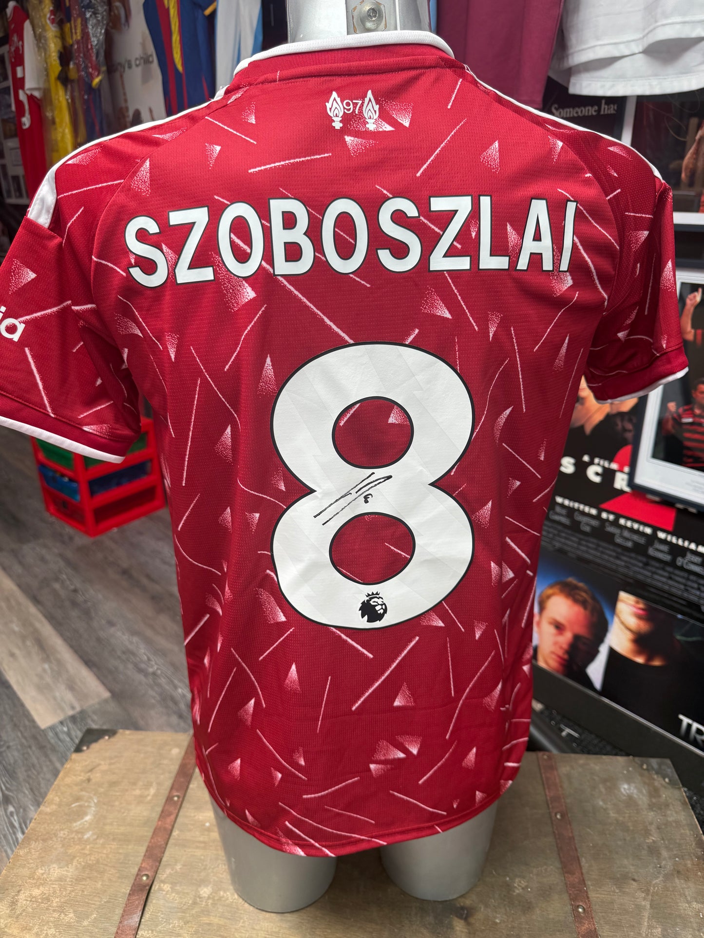 Dominik Szoboszlai signed Liverpool shirt & Milos Kerkez signed Anfield Road sign.